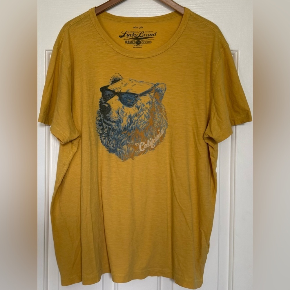 Lucky Brand Men’s XXL Bear Graphic Tee Mustard Yellow Cotton T-Shirt 🐻